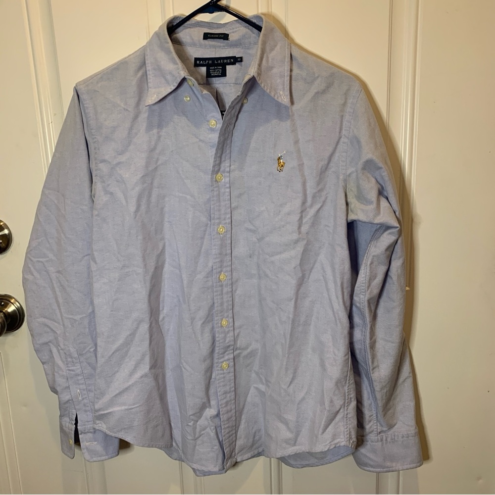 Ralph Lauren Classic Fit Collared Button Down Blue Long Sleeve Dress Shirt Sz 10